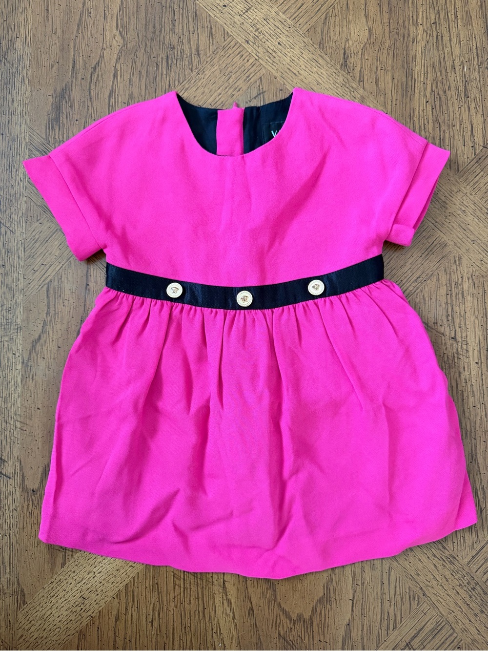 Versace Hot Pink Short Sleeve Dress with Black Waistband and Gold Buttons